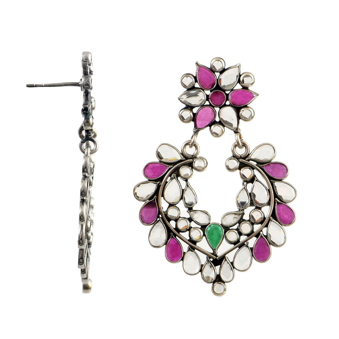 Silver Floral Pink & White Stud Earrings