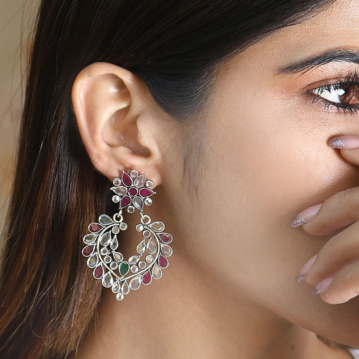 Silver Floral Pink & White Stud Earrings