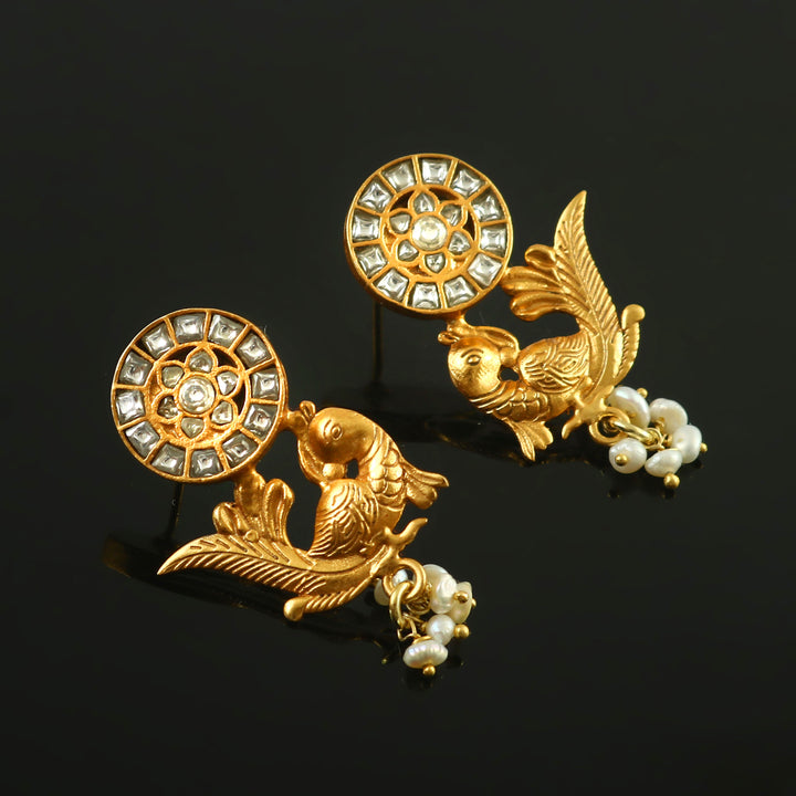 Gold-Plated Silver Bird Kundan Ear Studs
