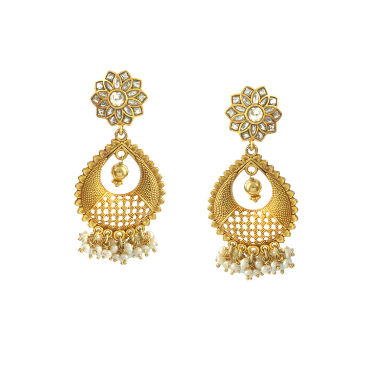 Gold Plated Silver Floral Teardrop Kundan Stud Earrings