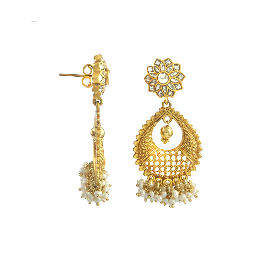 Gold Plated Silver Floral Teardrop Kundan Stud Earrings