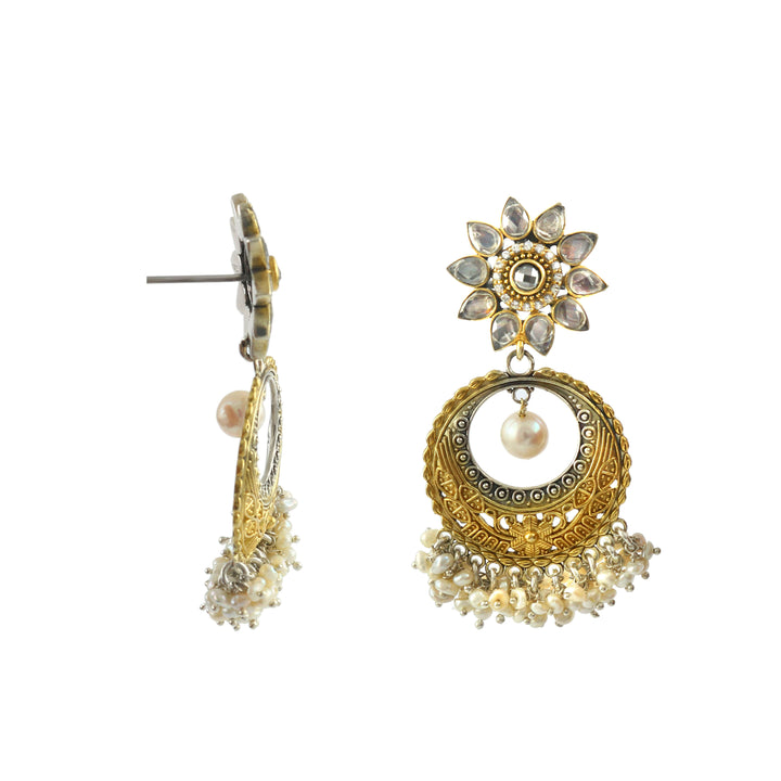 Dual Tone Silver Floral CZ Stone Stud Earrings with Pearls