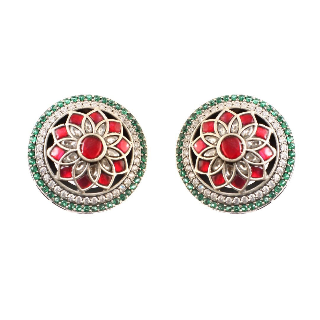 Floral Silver Kundan-AD Ear Tops