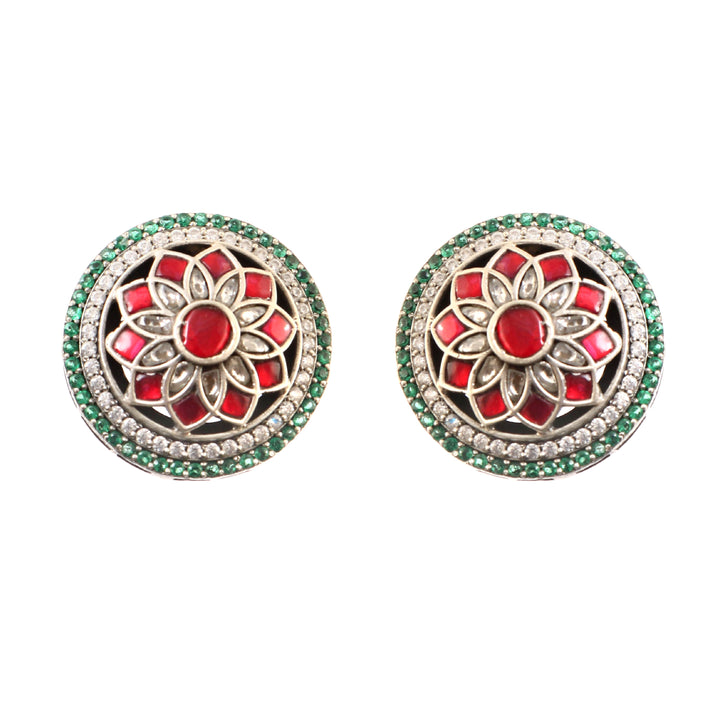 Floral Silver Kundan-AD Ear Tops