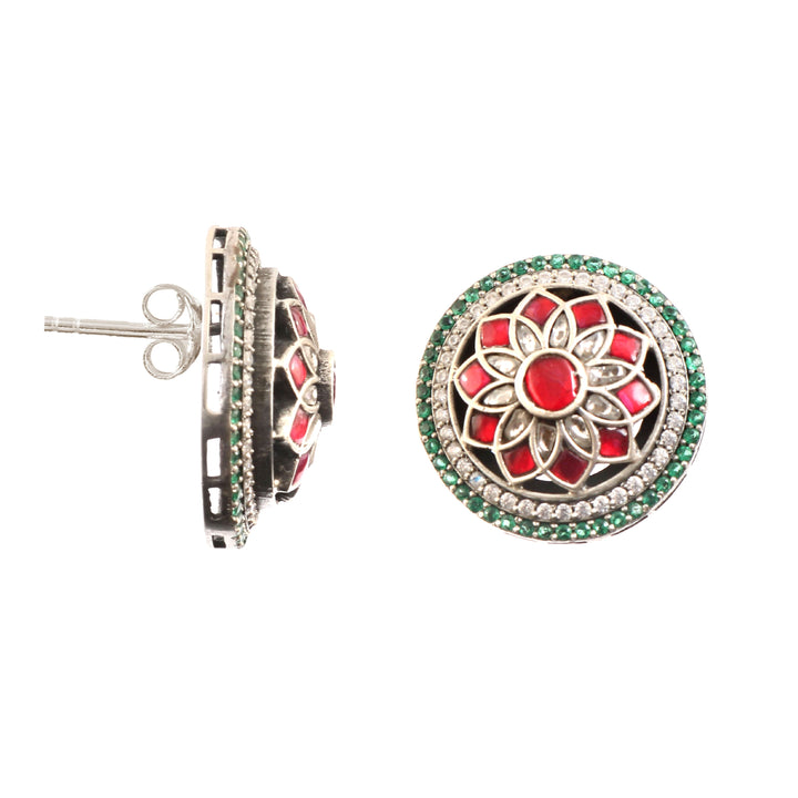 Floral Silver Kundan-AD Ear Tops
