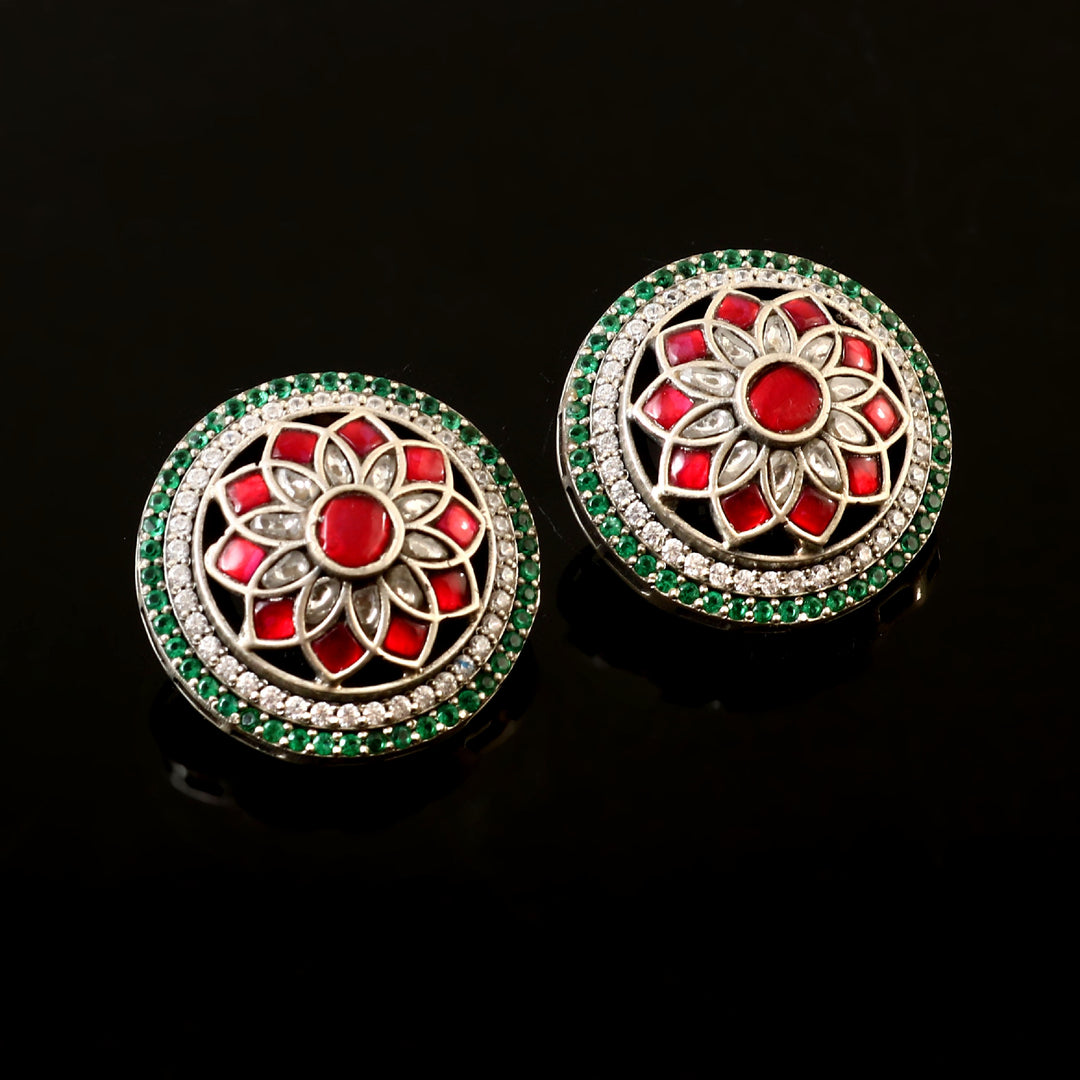 Floral Silver Kundan-AD Ear Tops