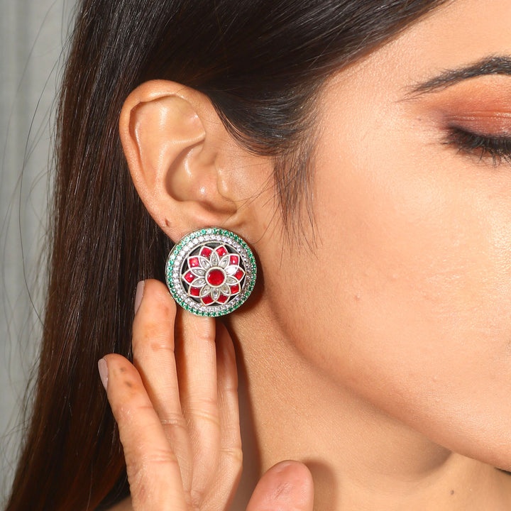 Floral Silver Kundan-AD Ear Tops