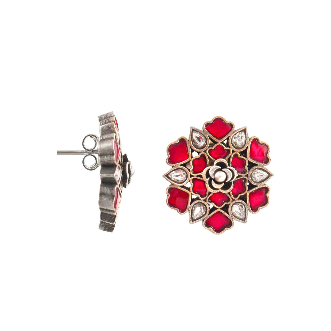 Silver Adorable Pink & White Stud Earrings