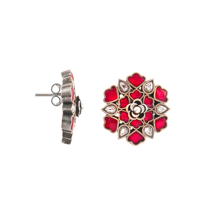 Silver Adorable Pink & White Stud Earrings