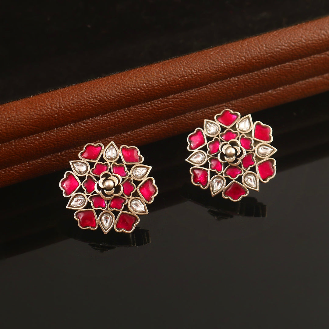 Silver Adorable Pink & White Stud Earrings