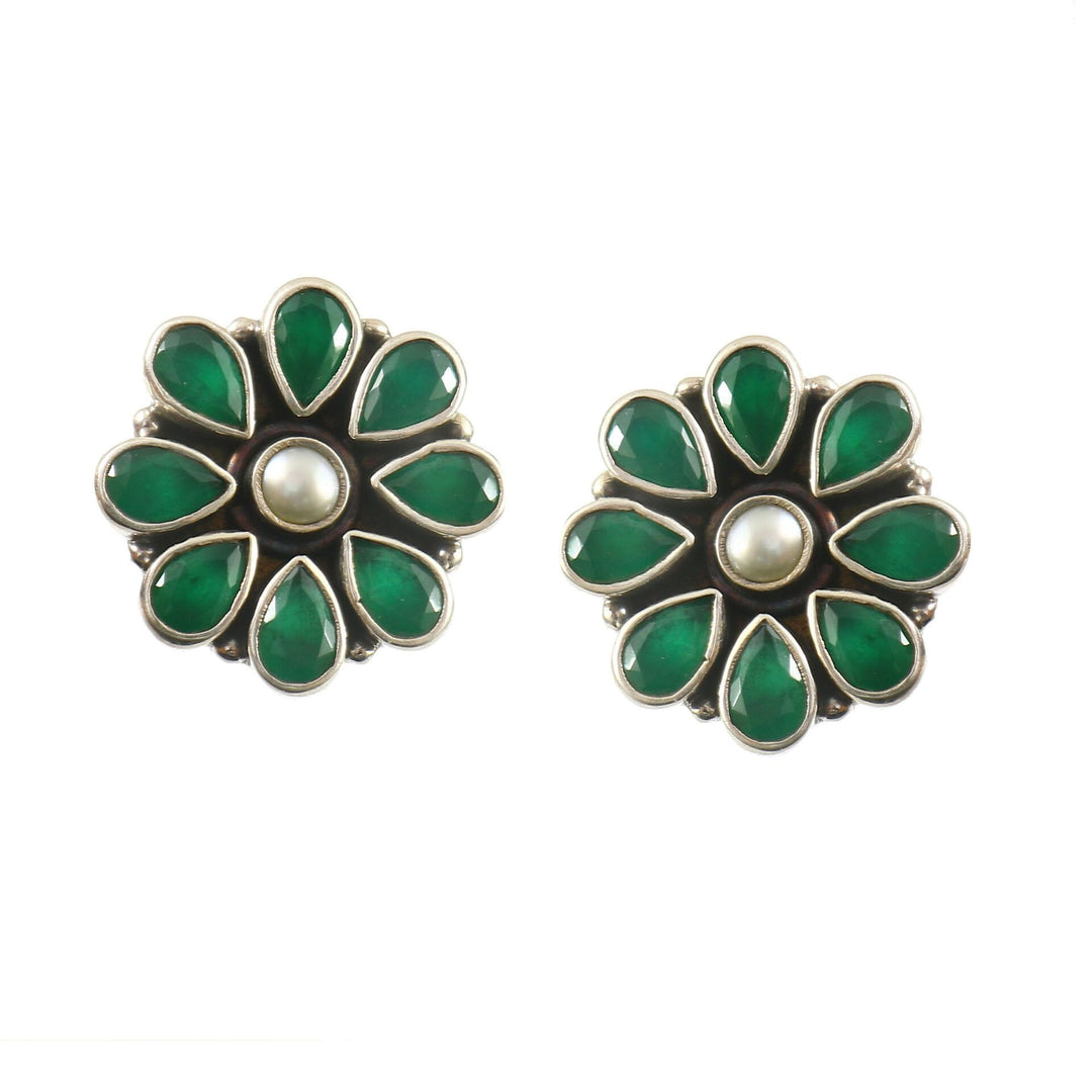 Silver Floral Green & White Stone Ear Studs
