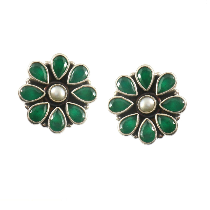 Silver Floral Green & White Stone Ear Studs