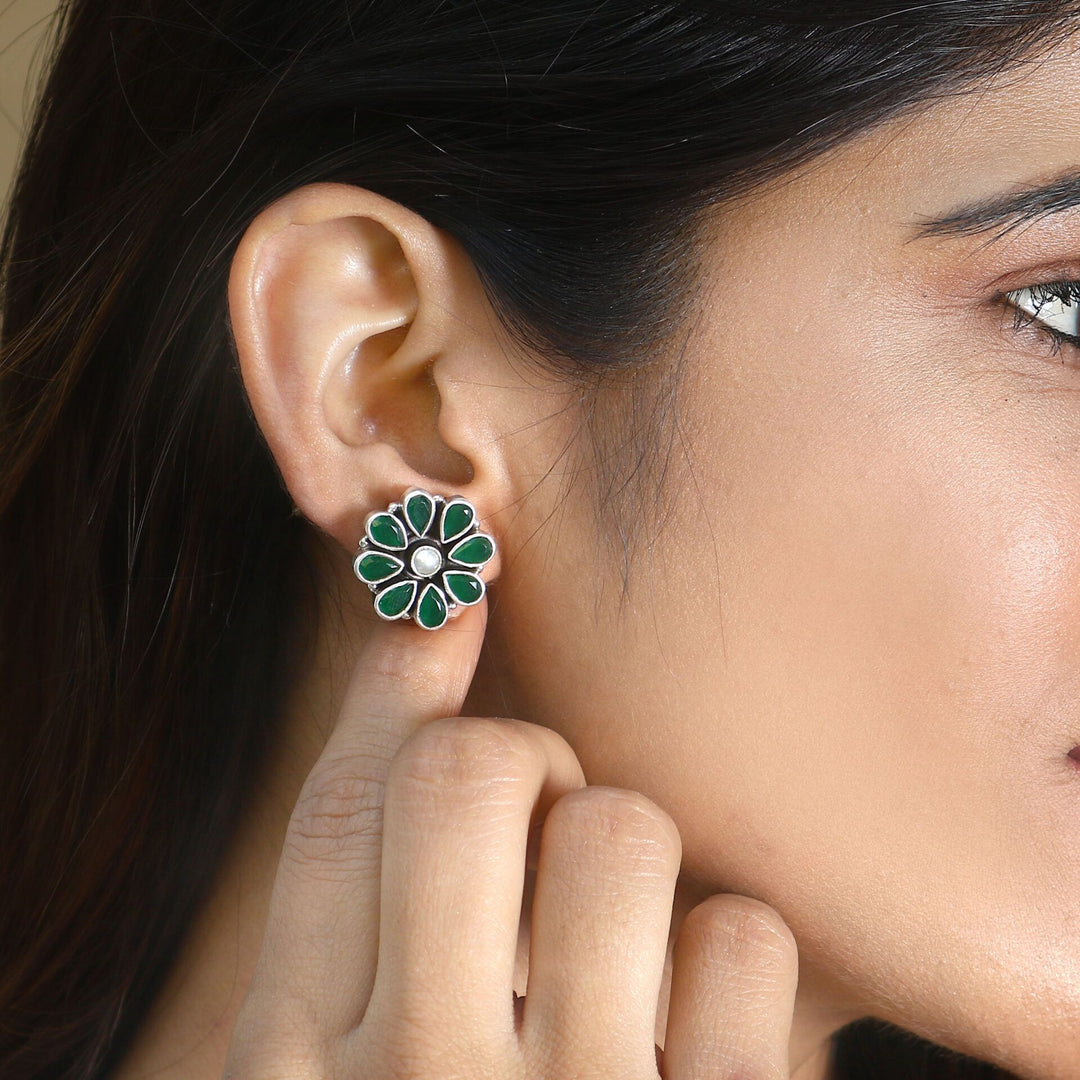 Silver Floral Green & White Stone Ear Studs