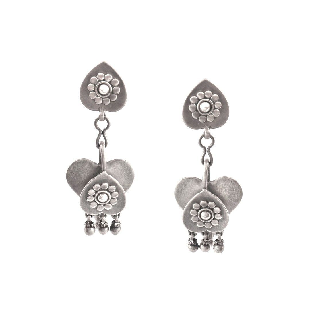 Silver Oxidized Floral Stud Earrings with Ghungroo