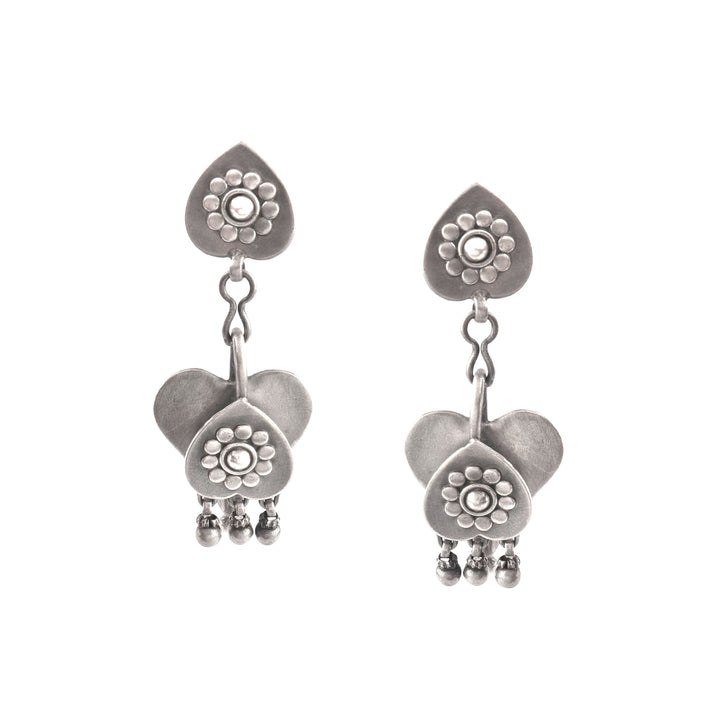 Silver Oxidized Floral Stud Earrings with Ghungroo