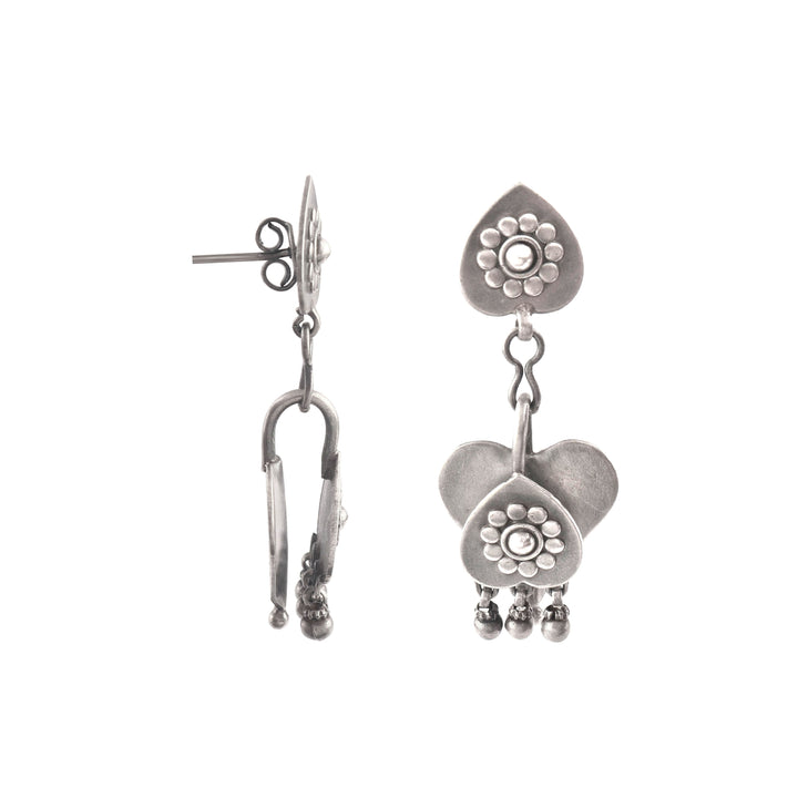 Silver Oxidized Floral Stud Earrings with Ghungroo