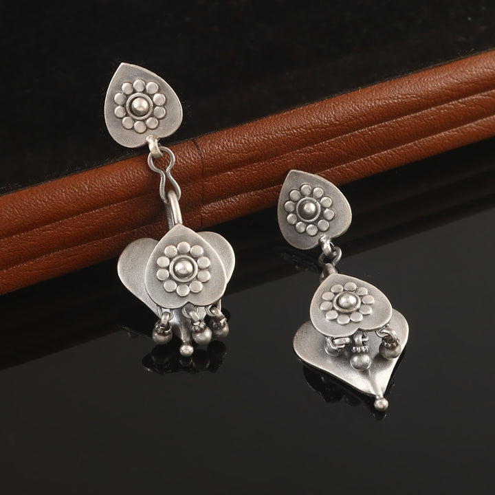 Silver Oxidized Floral Stud Earrings with Ghungroo