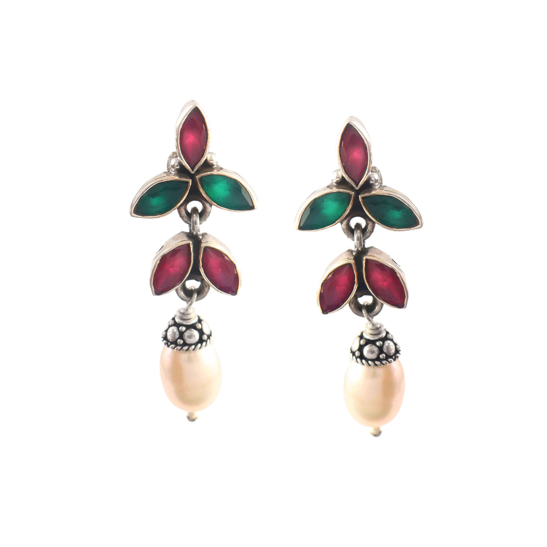 Silver Green & Pink Cut Stone Ear Stud With Pearls
