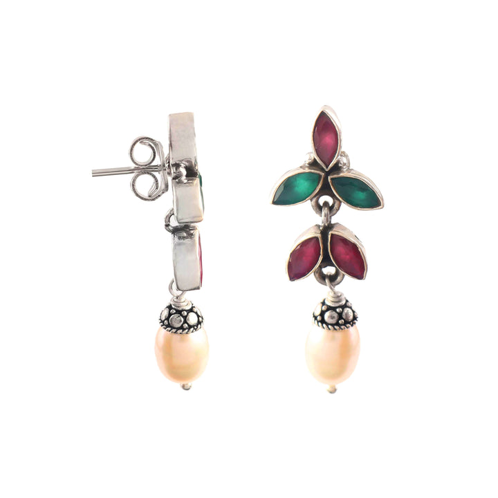 Silver Green & Pink Cut Stone Ear Stud With Pearls