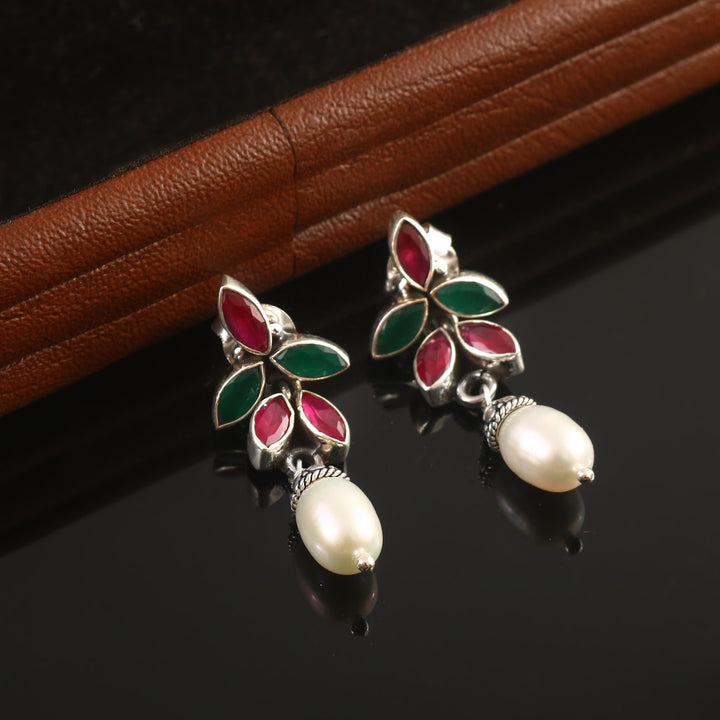 Silver Green & Pink Cut Stone Ear Stud With Pearls