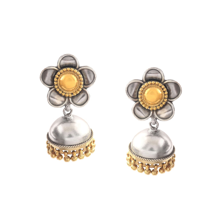 Silver Dual Tone Floral Jhumki Earrings