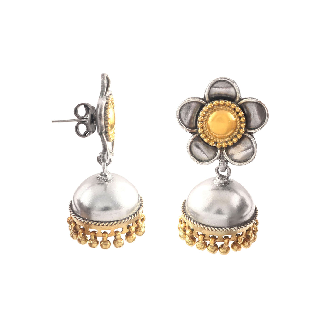 Silver Dual Tone Floral Jhumki Earrings