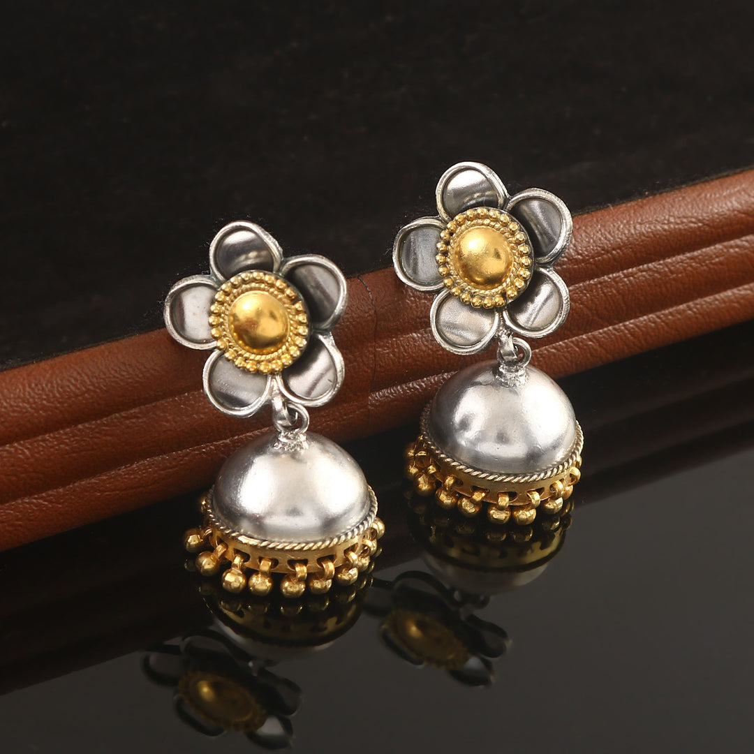 Silver Dual Tone Floral Jhumki Earrings