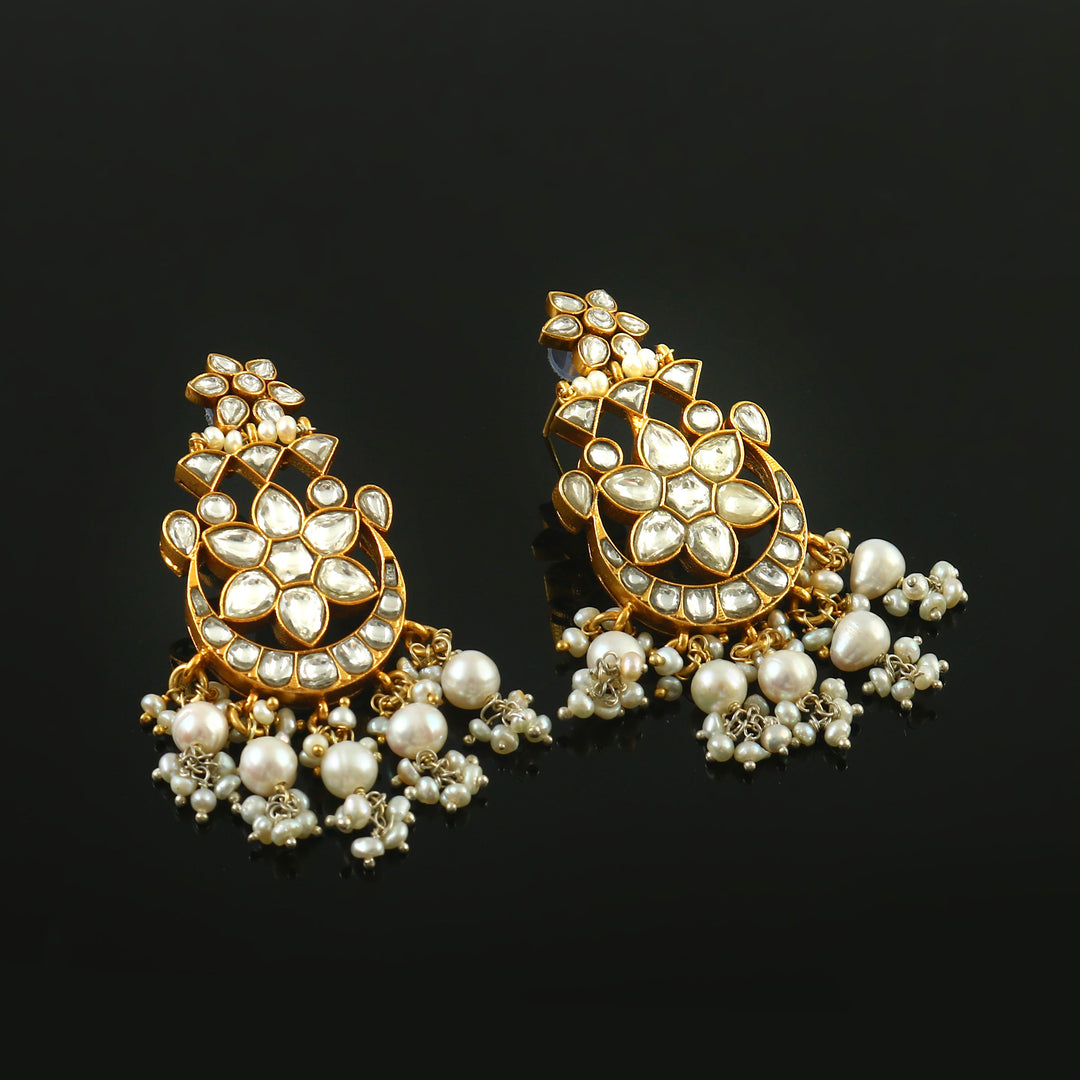 Gold-Plated Silver Floral Kundan Stud Earrings