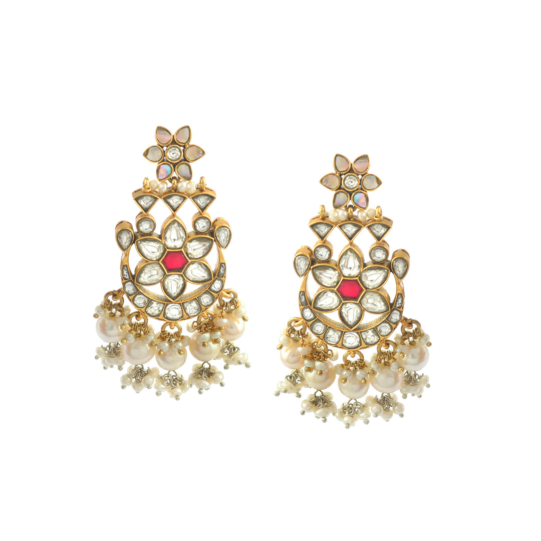 Beautiful Gold-Plated Silver Kundan White & Pink Stud Earrings