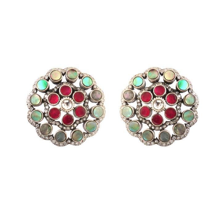 Silver Floral MOP Pink-White Ear Tops