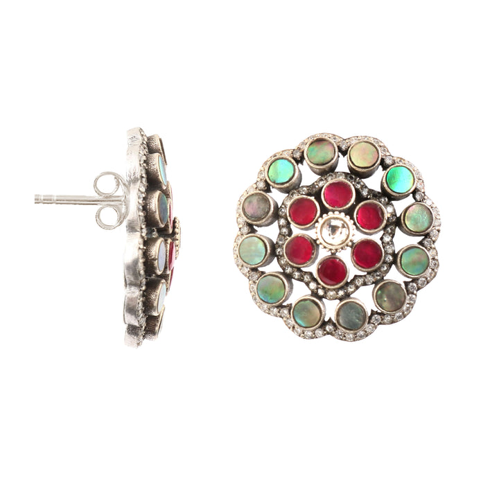 Silver Floral MOP Pink-White Ear Tops