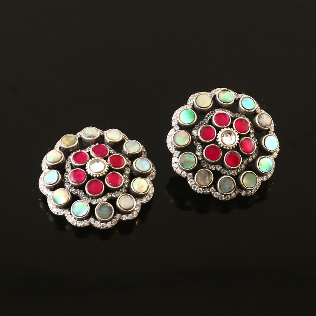 Silver Floral MOP Pink-White Ear Tops