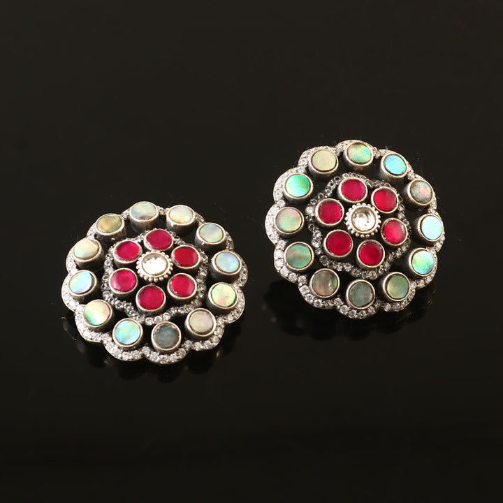 Silver Floral MOP Pink-White Ear Tops