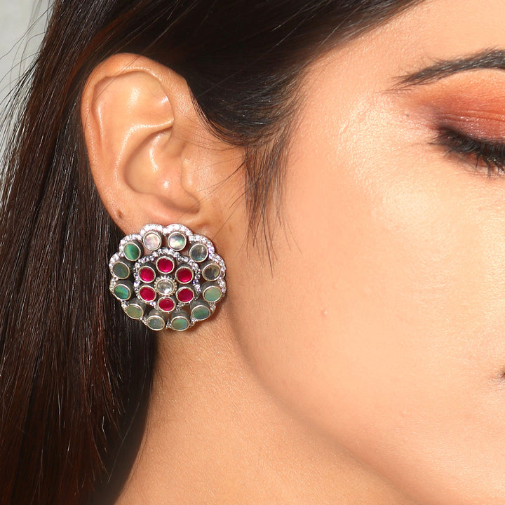 Silver Floral MOP Pink-White Ear Tops