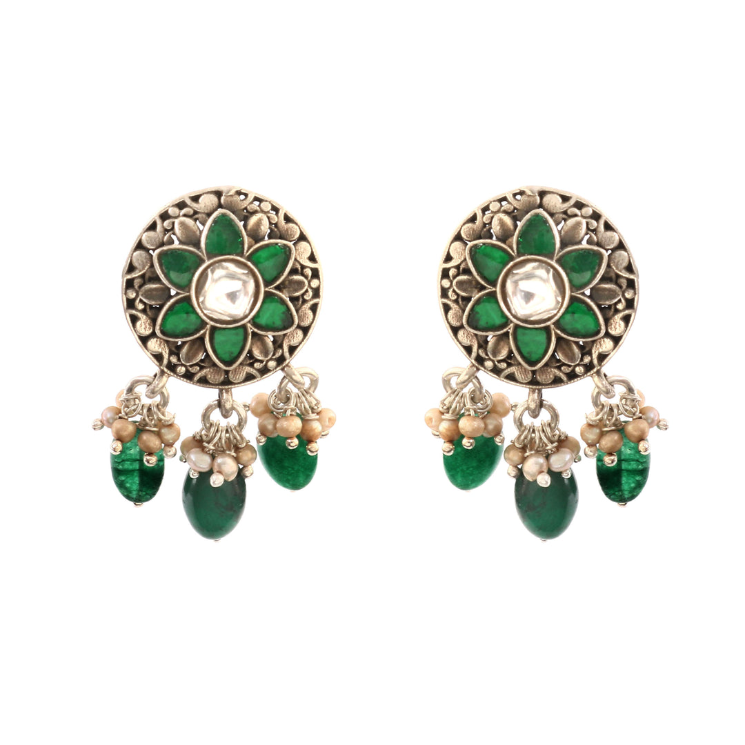 Silver Green-White Floral Ear Tops