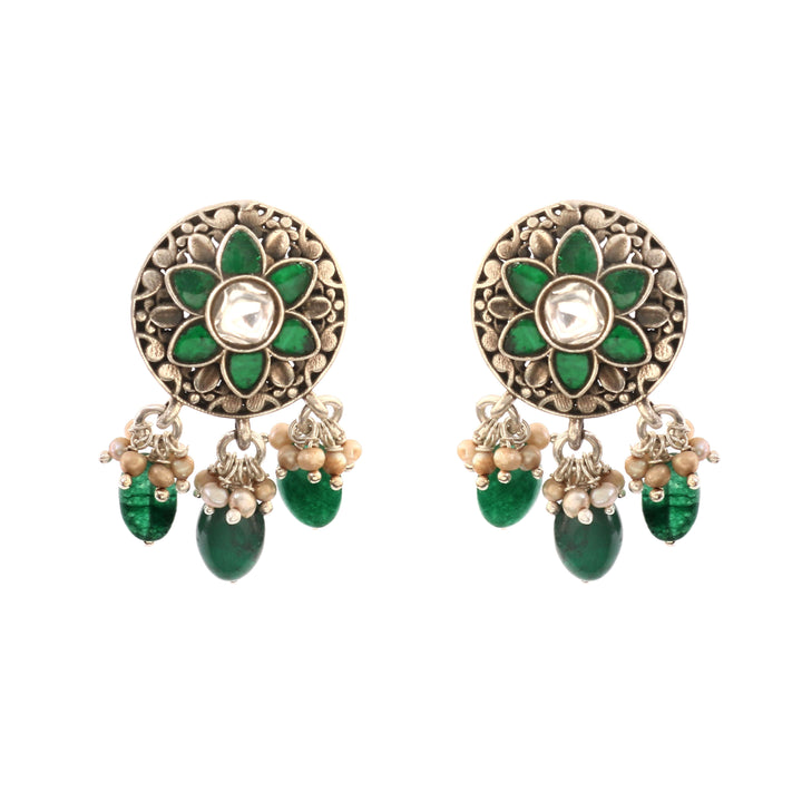 Silver Green-White Floral Ear Tops