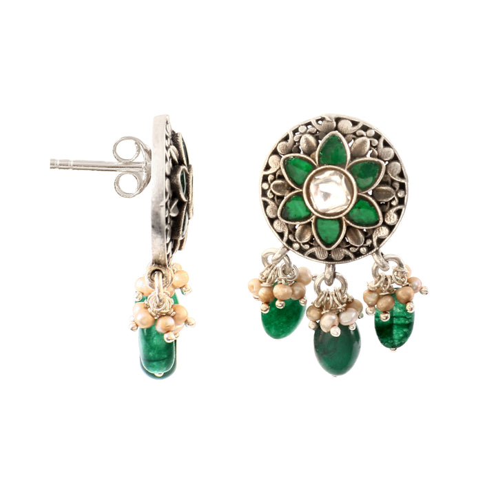 Silver Green-White Floral Ear Tops