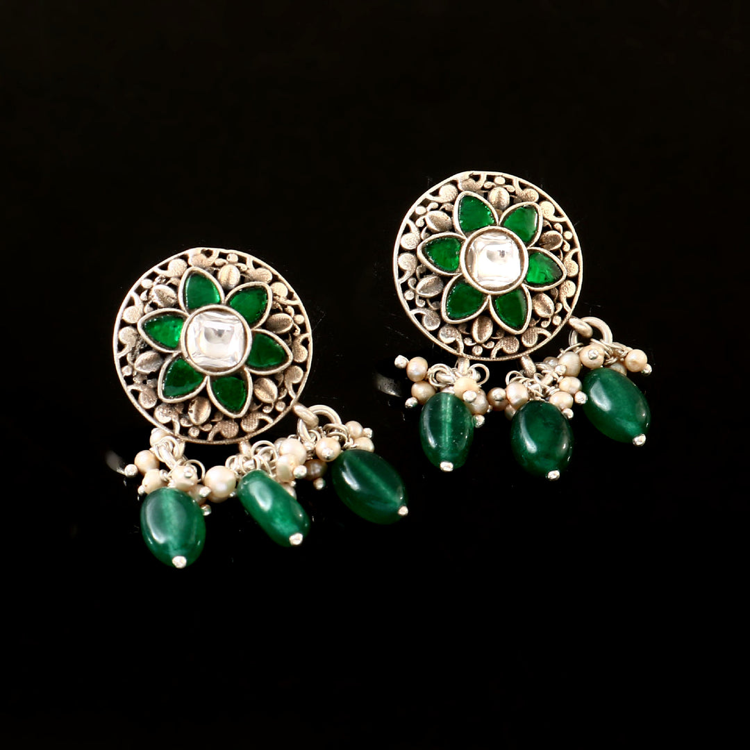 Silver Green-White Floral Ear Tops