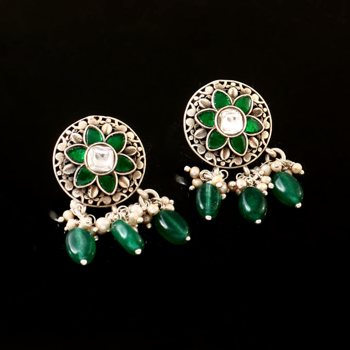 Silver Green-White Floral Ear Tops