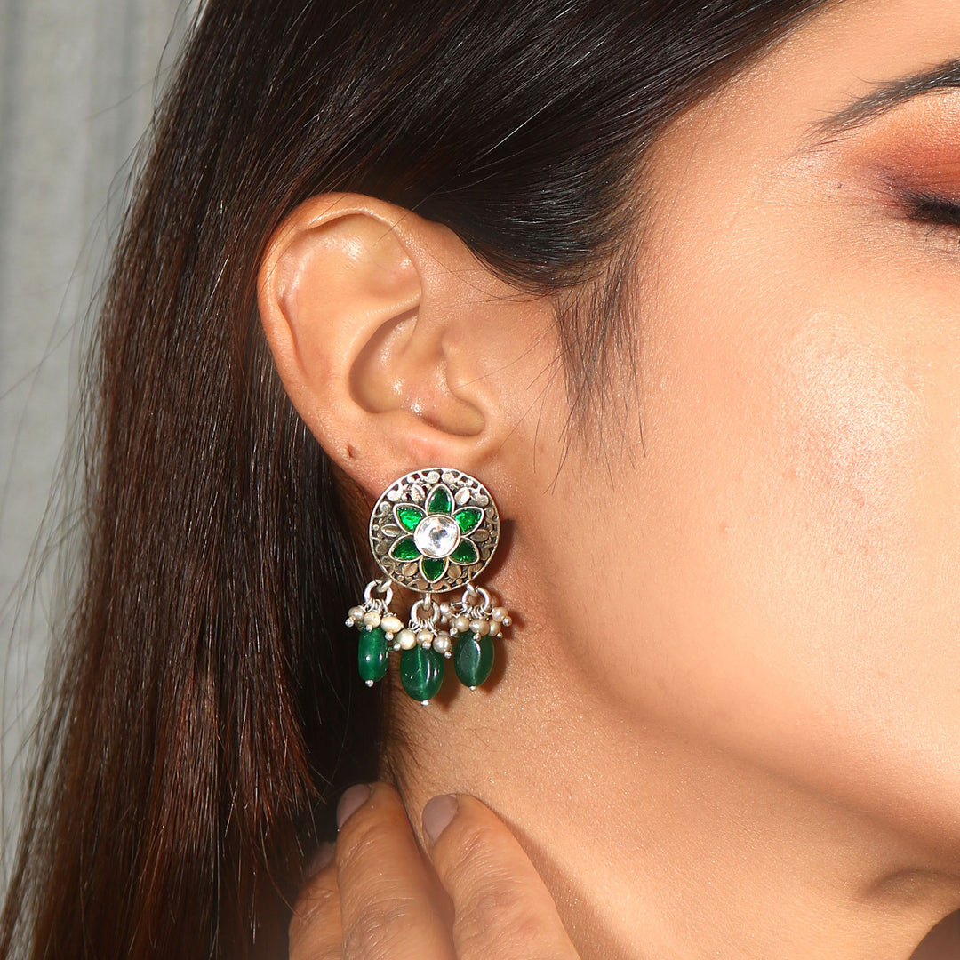 Silver Green-White Floral Ear Tops
