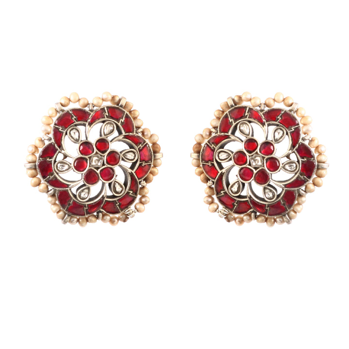 Floral Silver Pink & White Ear Tops with Pearls