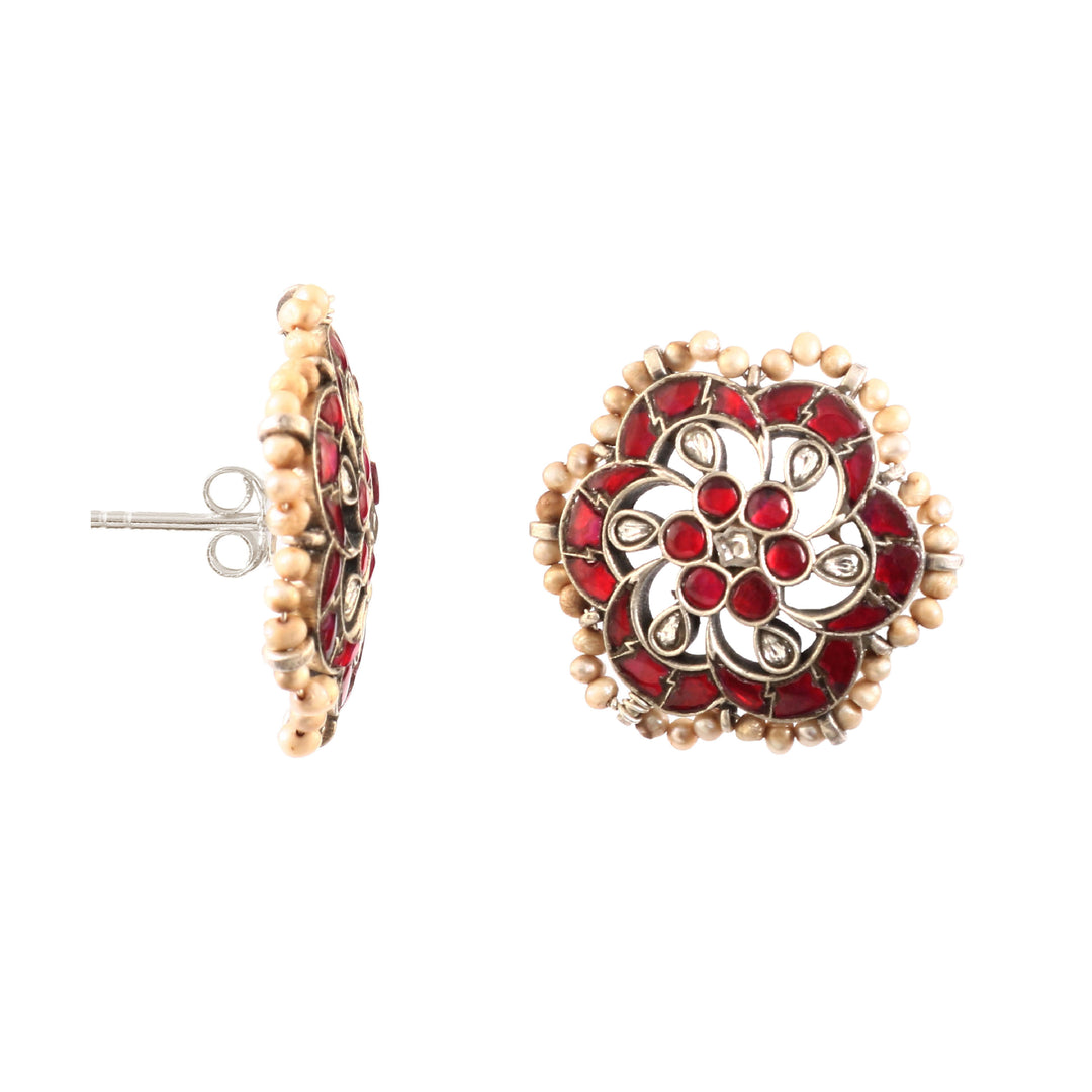 Floral Silver Pink & White Ear Tops with Pearls