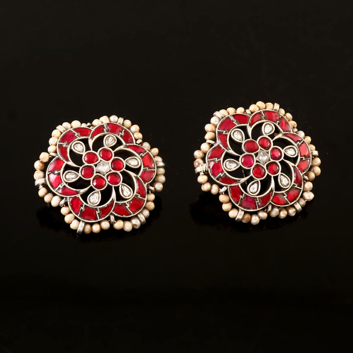 Floral Silver Pink & White Ear Tops with Pearls