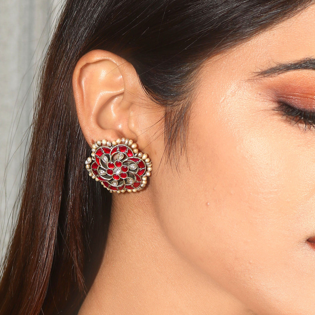 Floral Silver Pink & White Ear Tops with Pearls