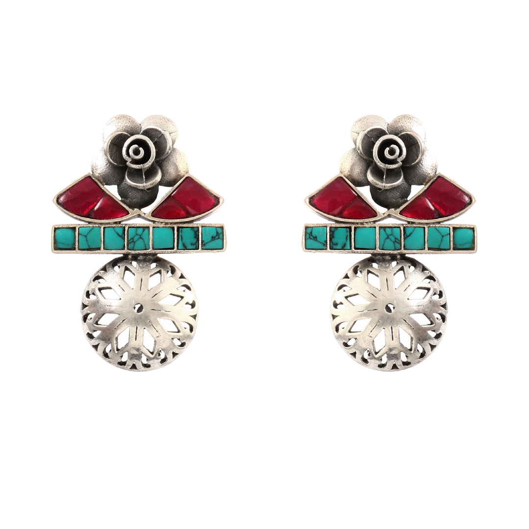 Silver Firoza-Pink Stud Earrings