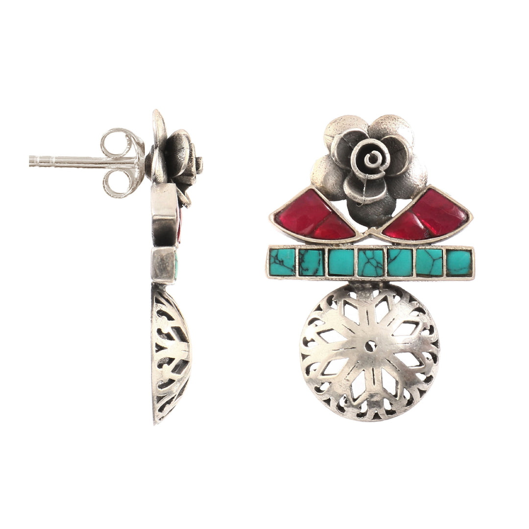 Silver Firoza-Pink Stud Earrings