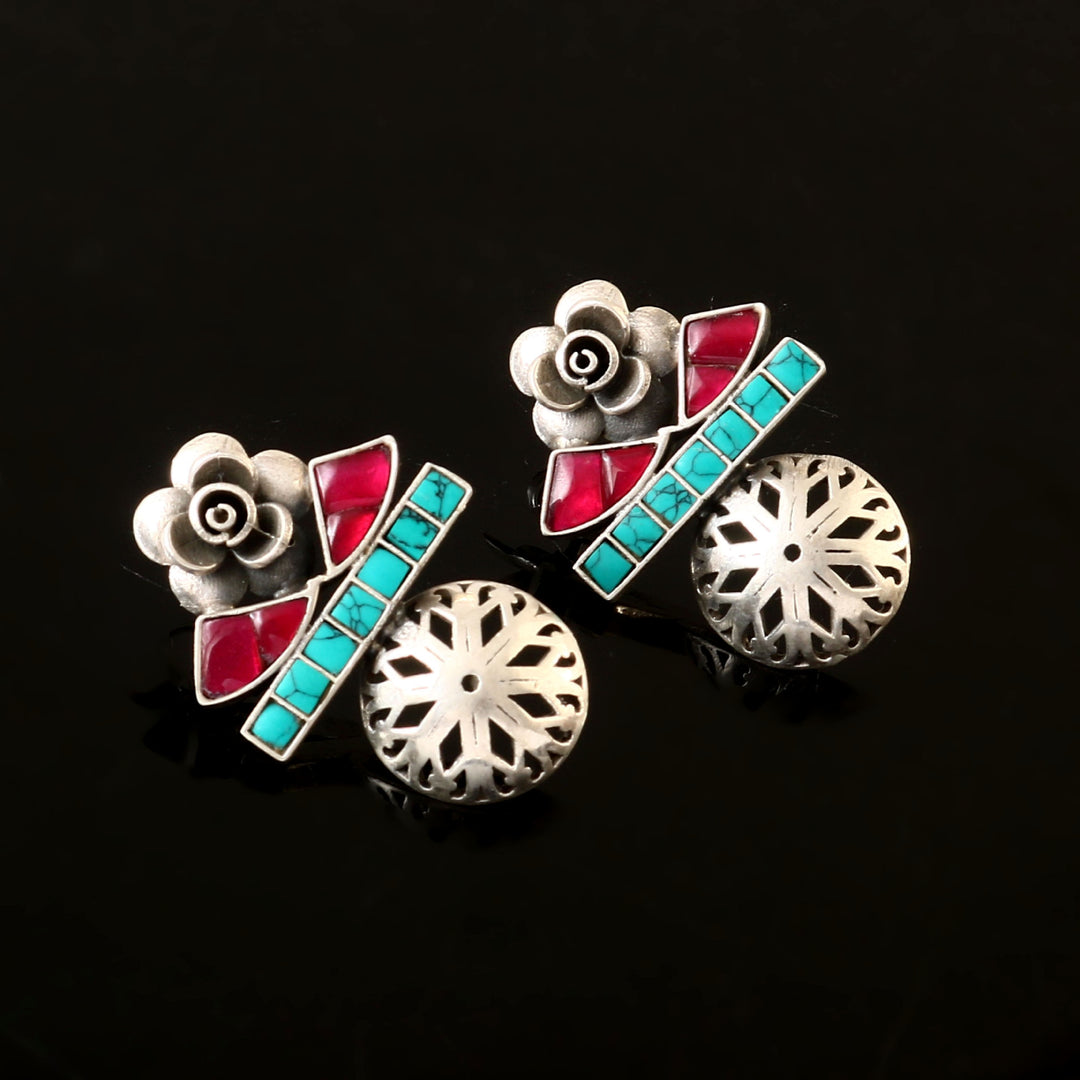 Silver Firoza-Pink Stud Earrings