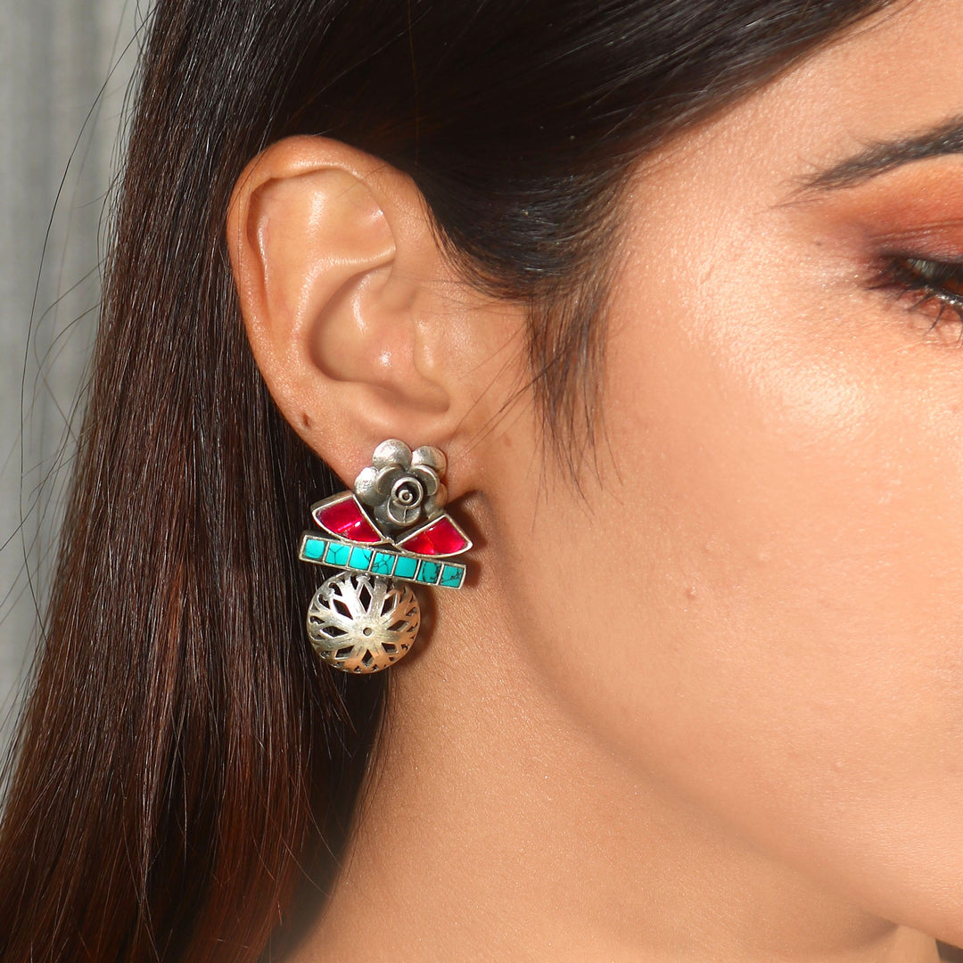 Silver Firoza-Pink Stud Earrings