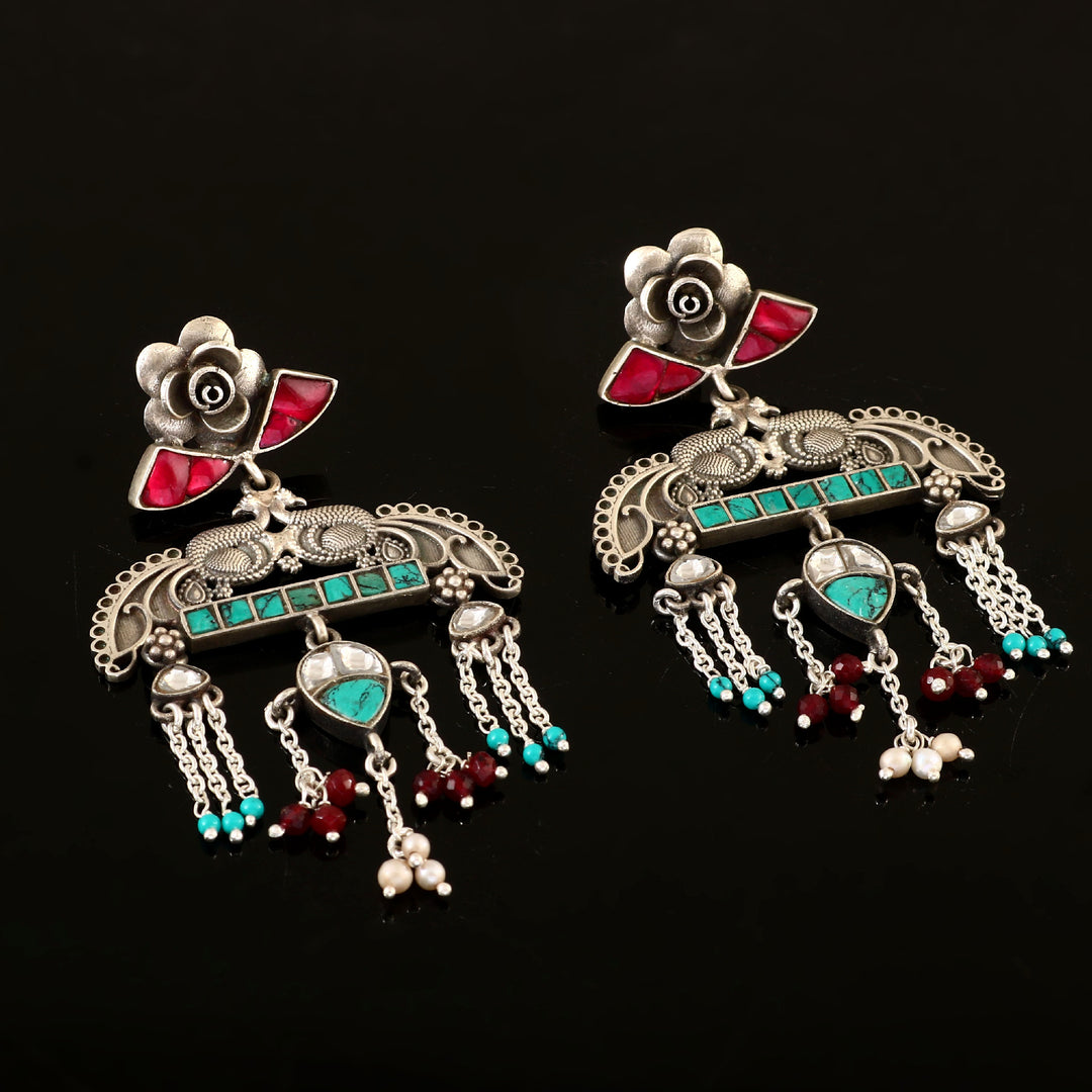 Beautiful Silver Firoza-Pink Stud Earrings