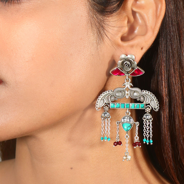 Beautiful Silver Firoza-Pink Stud Earrings
